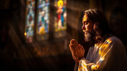 Jesus Christ praying in church with ray of light from stained glass windows. Religion and Christianity concept