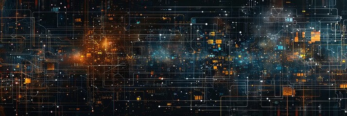 Fototapete - A digital illustration depicting the complex and dynamic nature of big data processing through intricate networks and digital interfaces. Generative AI