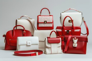 Aufkleber - A collection of red and white handbags arranged together, ideal for use in fashion or lifestyle photography