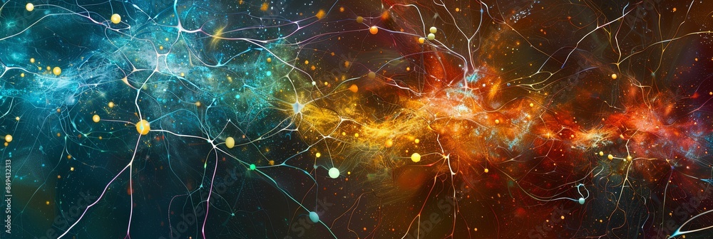 An abstract representation of a neural network, depicting data flow and ...