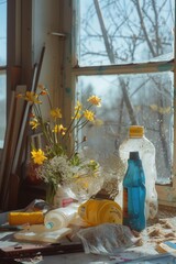 Aufkleber - A small blue bottle sits on a table near a window, providing a sense of calm and serenity