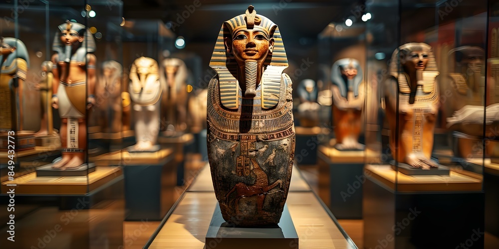 Ancient Egyptian mummies displayed in dimly lit museum with intricate ...