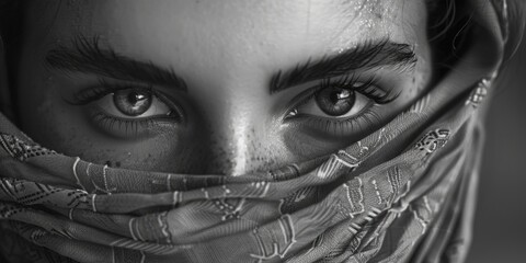 Poster - A close-up shot of a woman's eyes in black and white, suitable for use in editorial or artistic contexts