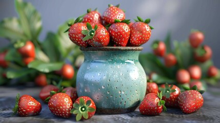 Wall Mural -   A table with a blue vase full of ripe strawberries and green leaves nearby