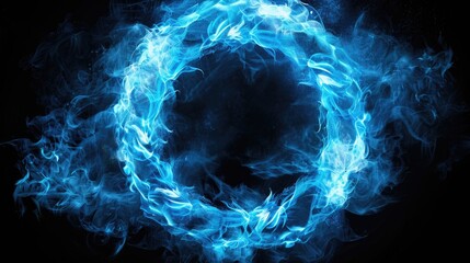 Poster - A blue ring of smoke suspended in the air against a dark black background, ideal for use as a design element or to add mystery to your project
