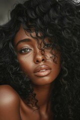 Wall Mural - A close-up shot of a woman with long, dark hair and facial features