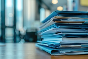 Poster - A stack of blue folders sits on top of a wooden table, ready for use
