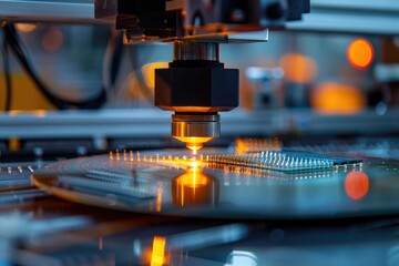 Poster - Robotic manufacturing of semiconductors and computer chips from silicon wafers. Modern technology concept
