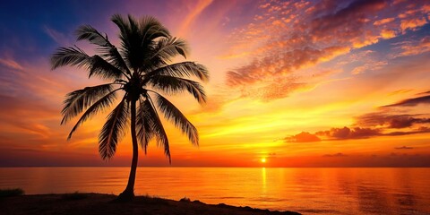 Wall Mural - Tropical sunset scene with palm tree silhouette panorama, tropical, sunset, panorama, palm tree, silhouette, landscape, scenic