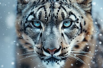 Wall Mural - Face portrait of snow leopard on snowy background