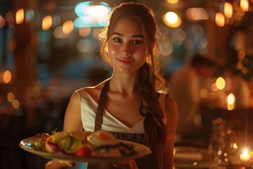 Wall Mural - A well-dressed waitress with a neat apron, holding a tray with an elegant meal, with a softly lit restaurant background