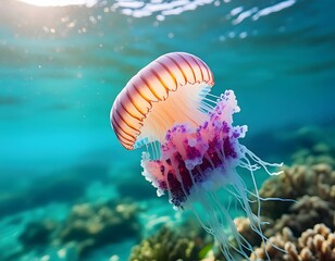 Light and colourful jellyfish in the turquoise sea.