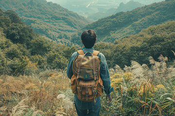 Sticker - Lost Asian with Backpack in Vast Wilderness Aerial View of Lonely Journey in Uninhabited Area