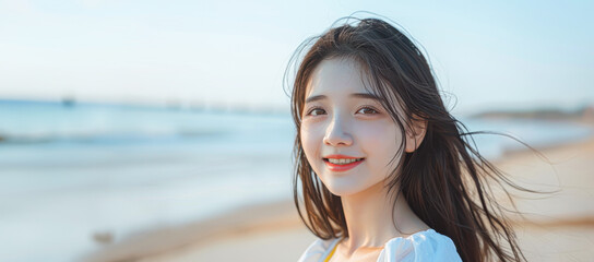 Poster - Radiant Girl in White Outfit Smiling on Beach