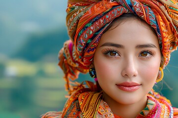 A portrait of a beautiful young woman wearing a colorful turban. She has a serene smile on her face. The background is blurred, and the light is focused on her face.