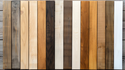 A variety of wood samples are arranged in a row on a wooden background. The wood samples are of different colors and textures.
