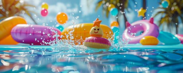 Pool party with inflatable toys and splashing water, laughter and poolside relaxation, 4K hyperrealistic photo.