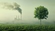 © CStock - a green tree and meadow with clear air to a factory emitting pollution
