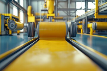 A large industrial building with yellow pipes and blue pipes