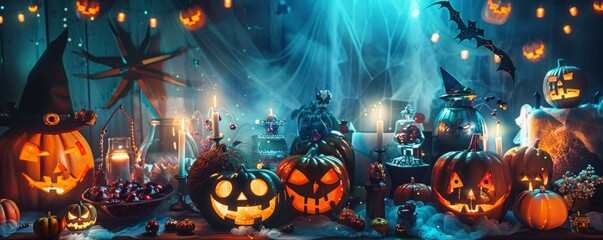 Wall Mural - Halloween costume party with spooky decorations, creative costumes and festive fun, 4K hyperrealistic photo.