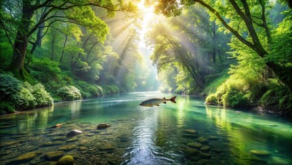 Wall Mural - A serene river flowing through a lush forest with a fish swimming upstream , nature, landscape, serene, peaceful, tranquil