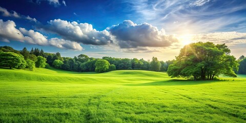 Wall Mural - Landscape with lush green grass , nature, outdoor, environment, meadow, serene, peaceful, beautiful, park, scenery