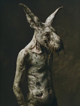 Surreal,grotesque,and unsettling hybrid entity with unconventional and unnatural physical traits. A captivating yet repulsive amalgam presence captured in dramatic chiaroscuro lighting.