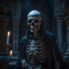 Skeletal lich with eerie, glowing eyes, casting dark spells in a haunted castle.