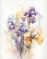 Wall Mural - Bouquet of irises on a white background. Watercolor illustration