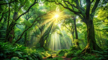 Wall Mural - Lush forest scene with sunlight filtering through canopy, teeming with life, forest, dense, sunlight, canopy, verdant, green
