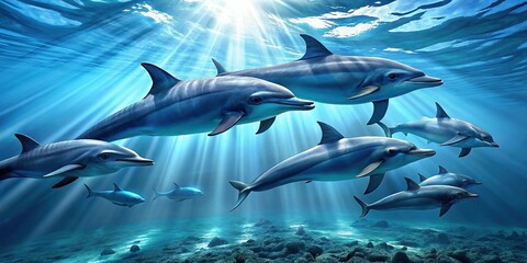Blue dolphins swimming gracefully in the vast ocean , marine life, aquatic animals, beautiful, sea, ocean, mammal, fins