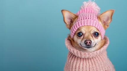 Wall Mural - Cute Chihuahua Wearing a Pink Knit Hat and Sweater. Generative AI.