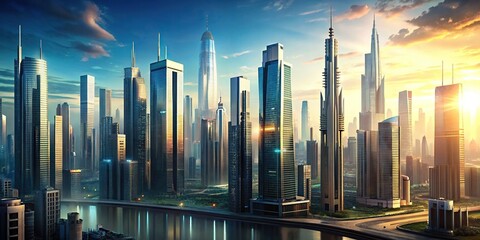 Wall Mural - Futuristic cityscape with towering skyscrapers, skyscrapers, city, future, modern, urban, skyline, buildings, technology
