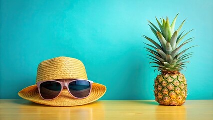 Wall Mural - Hat and sunglasses placed next to a vibrant pineapple , tropical, summer, fruit, accessories, vacation, sunny, trendy, exotic