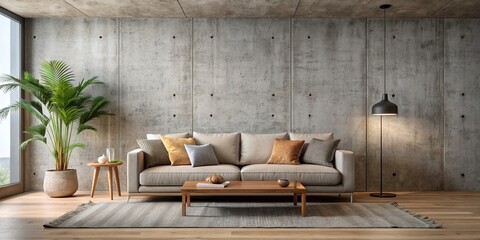 Wall Mural - Modern cozy sofa and concrete wall in living room interior, mock up furniture decorative interior, rendering