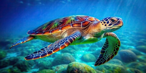 Colorful sea turtle with blue and green stripes, sea turtle, colorful, blue, green, stripes, ocean, marine life, underwater