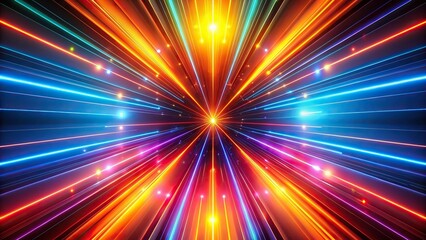Sticker - Abstract render with multicolor spectrum background, bright orange and blue neon rays, and colorful glowing lines