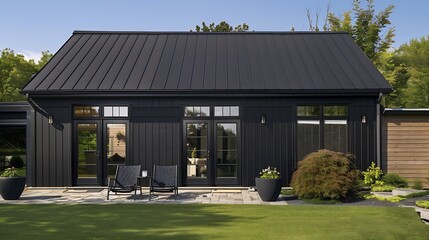 contemporary home exterior with black metal siding cedar trim shingles showing front door patio back yard and two black bucket chairs with sunny blue skies : Generative AI