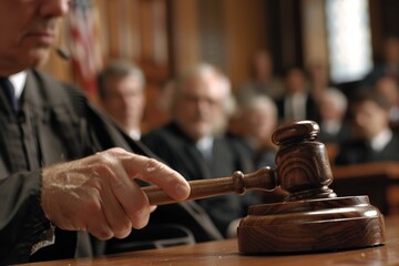 Close-up of a judges hand holding a gavel in a courtroom setting. Ideal for legal websites and law-related content. Captures the essence of justice and authority. Generative AI