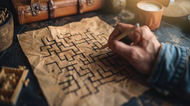 A person looking at a maze on a piece of paper, with a finger tracing the correct path to the exit, representing finding the solution to a complex problem.