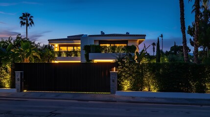 Poster - Sotogrande Spain  January 23 2024  A modern house at night illuminated by exterior lights with a black gate and lush green hedge : Generative AI