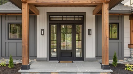 Poster - A grey modern farmhouse front door with a covered porch wood front door with glass window and grey vinyl and wood siding : Generative AI