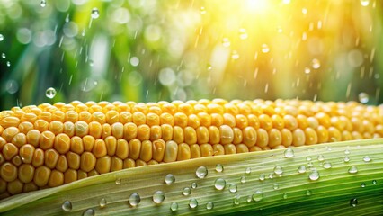 Wall Mural - Fresh corn on the cob with glistening raindrops, natural background , agriculture, farm, produce, harvest, organic, healthy
