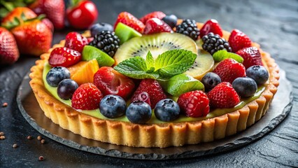 Wall Mural - A decadent and colorful fruit tart topped with fresh berries and kiwi slices , dessert, pastry, baked goods, sweet, fruity
