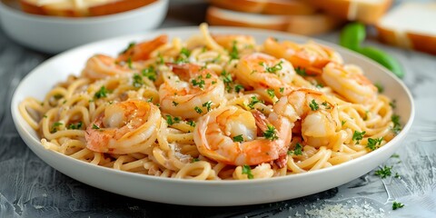 Canvas Print - Delicious Shrimp Scampi Linguine with Garlic Bread Top View and Fresh Food Banner. Concept Food Photography, Shrimp Scampi, Linguine Pasta, Garlic Bread, Fresh Ingredients