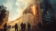 © Photolife   - A team of firefighters extinguishes a fire in a high-rise building using water hoses. Firefighting of a city building