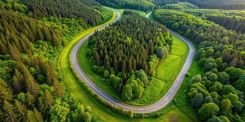 Wall Mural - Aerial view of asphalt road winding through lush green forest field, travel, adventure, trip, journey, inspiration, road, path