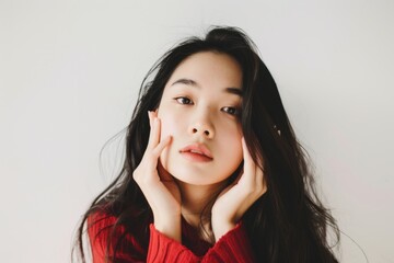 Wall Mural - A beautiful woman touching her face with perfect skin, long hair and a white background, wearing a strapless top, posing for a beauty portrait photograph in a studio.