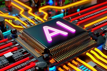 Poster - Futuristic AI chips and circuit boards display vibrant colors and advanced technology in hardware design.