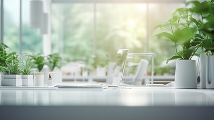 Poster - White office interior with green plants. Greenery in the clean and bright corporate workspace.